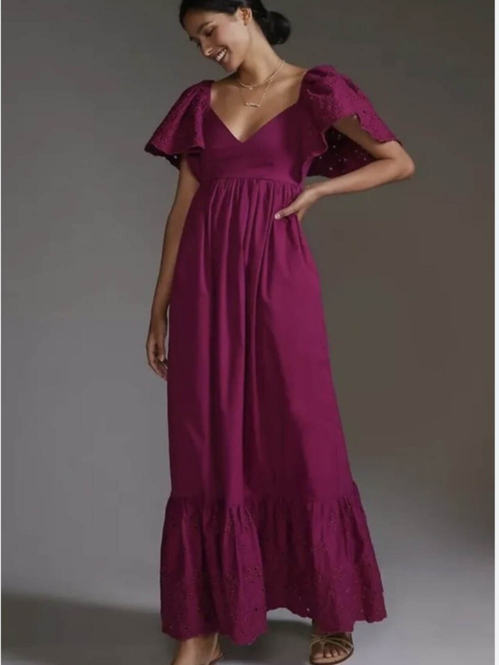 En Saison Magenta Eyelet Flutter-Sleeve Maxi Dress